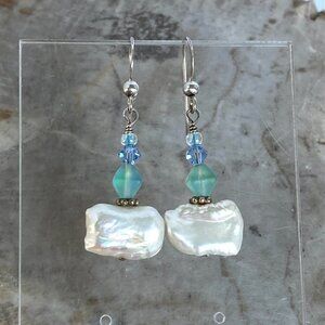Sterling Silver 925 1.5" Cultured Keshi Pearl Blue Glass Dangle Earrings